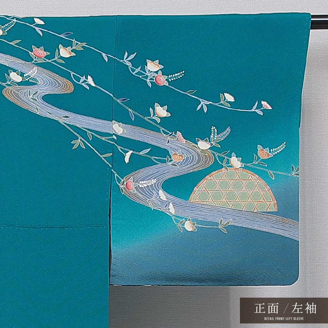 訪問着 洗える着物 袷 身丈156cm 裄丈65cm ポリエステル Sランク Mサイズ 広衿 セミフォーマル 流水 橘 金駒刺繍 緑系 青系 1212-16086