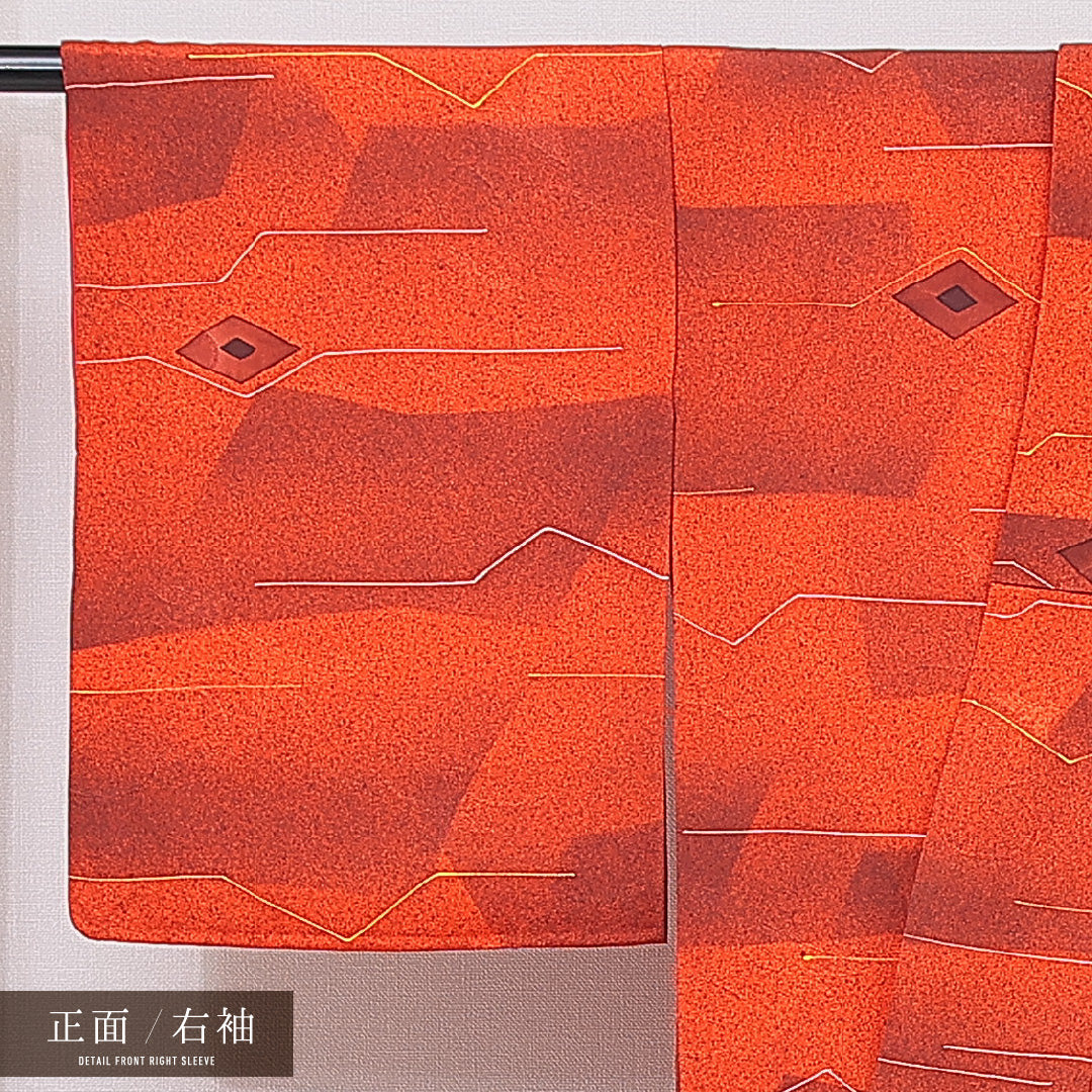 小紋 袷 身丈159cm 裄丈62cm 正絹 Sランク インフォーマル 広衿 Mサイズ 菱 朱系 RP 1221-15055
