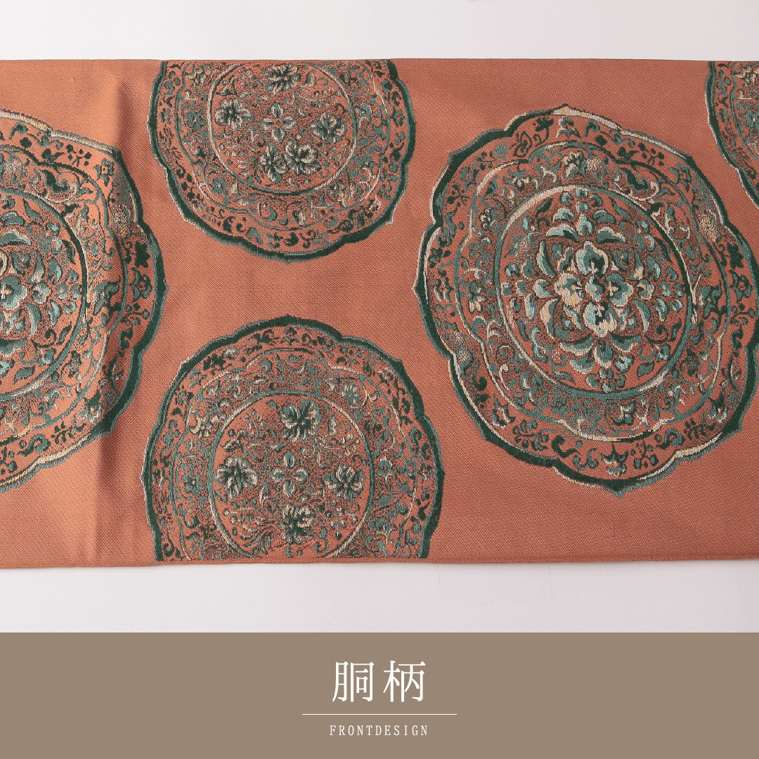袋帯 帯丈400cm 正絹 六通 帯芯なし セミフォーマル 鏡裏文 朱系 1243-01824