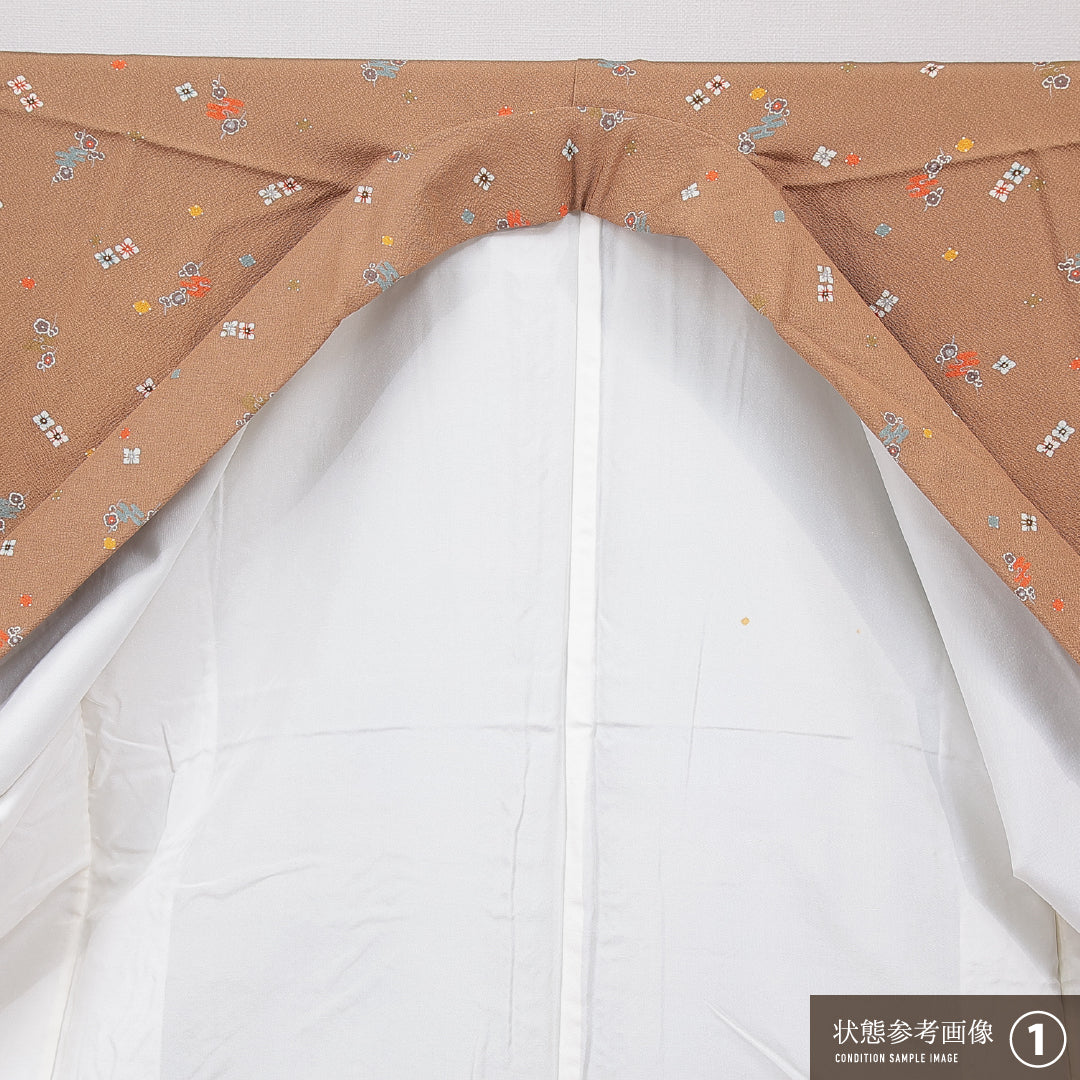 小紋 袷 身丈156cm 裄丈62cm 正絹 Sランク インフォーマル バチ衿 Mサイズ 花菱 梅 茶系 RP 1221-15889