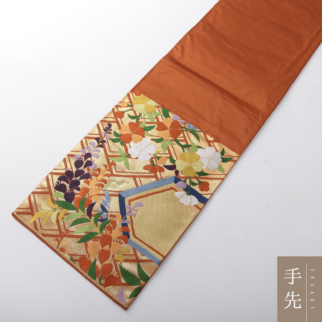 新古品 袋帯 帯丈428cm 珀寿錦 セミフォーマル 六通 Nランク 正絹 植物柄 落款 しつけ糸 青系 1223-02082