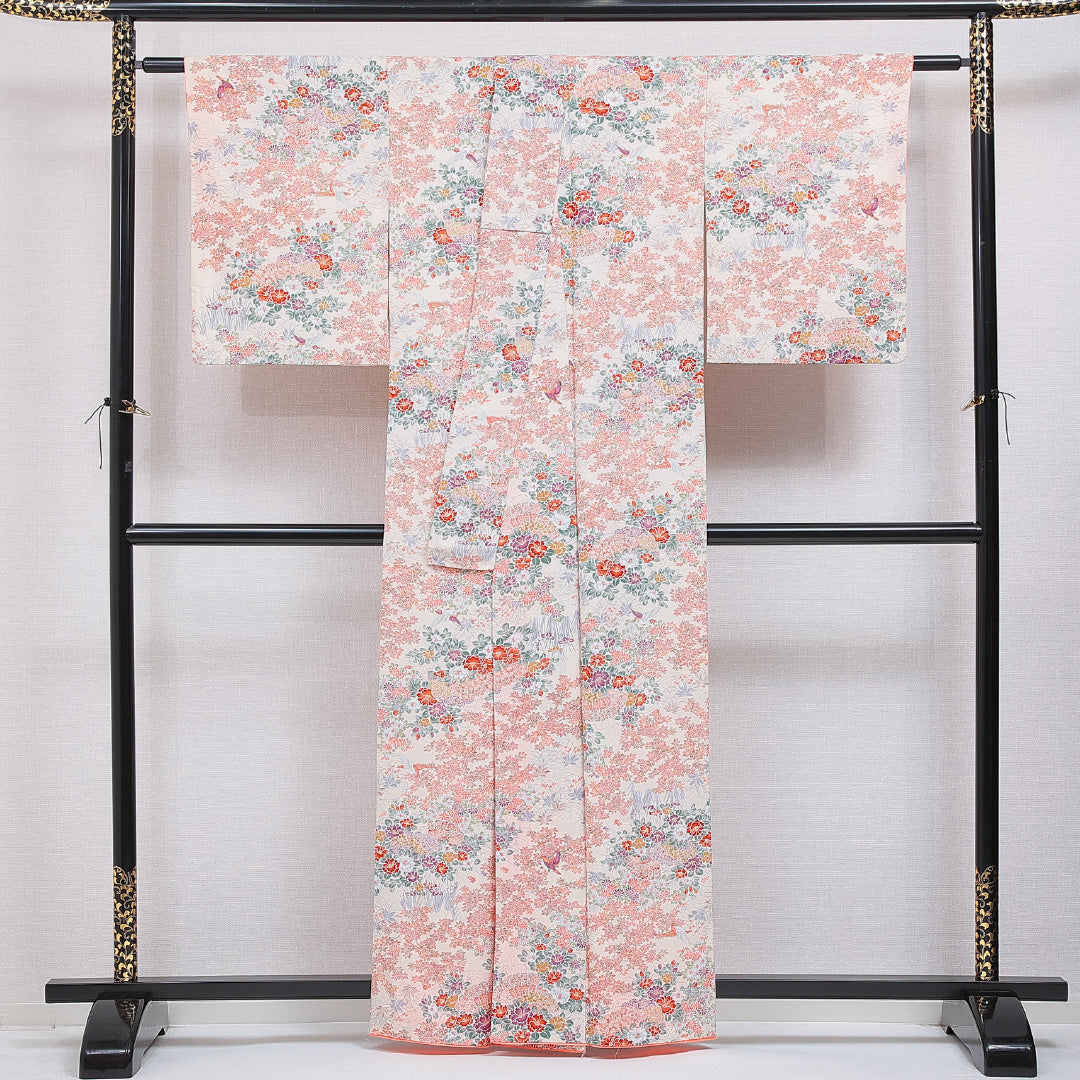 洗える着物 小紋 袷 身丈160cm 裄丈64cm ポリエステル Sランク インフォーマル 広衿 Lサイズ 古典柄 ピンク系 RP 1221-16333