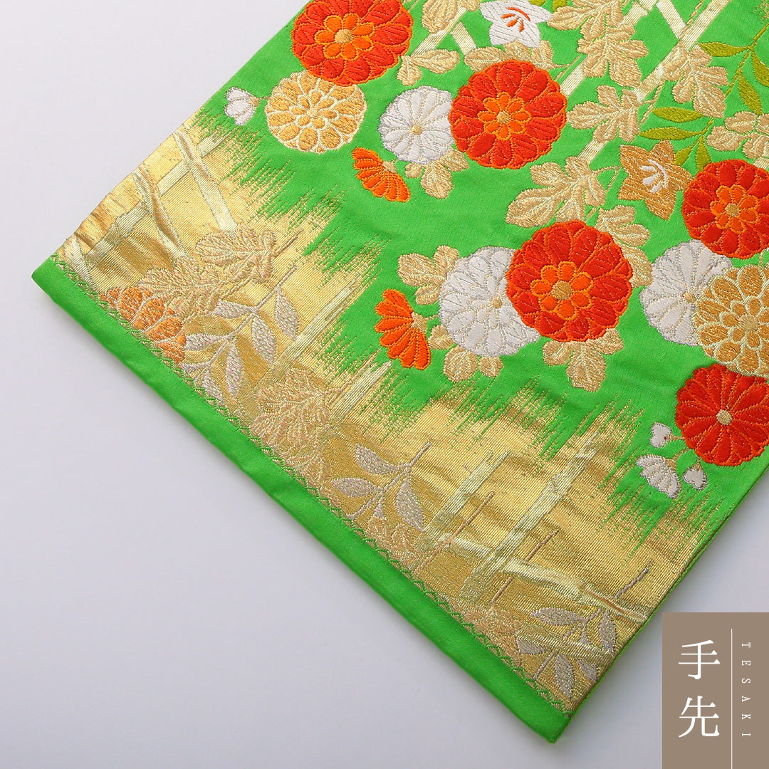 袋帯 帯丈420cm フォーマル 六通 Sランク 正絹 菊 金系 緑系 1223-02003