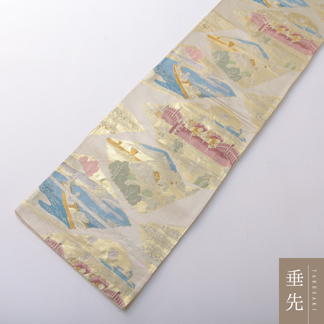 袋帯 帯丈404cm 正絹 六通 帯芯なし セミフォーマル 江戸 風景柄 金系 クリーム系 1243-02032