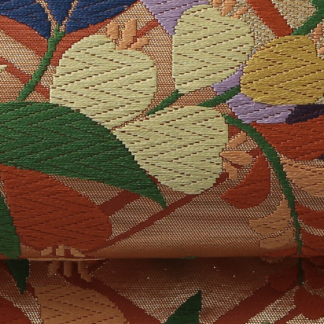 新古品 袋帯 帯丈428cm 珀寿錦 セミフォーマル 六通 Nランク 正絹 植物柄 落款 しつけ糸 青系 1223-02082