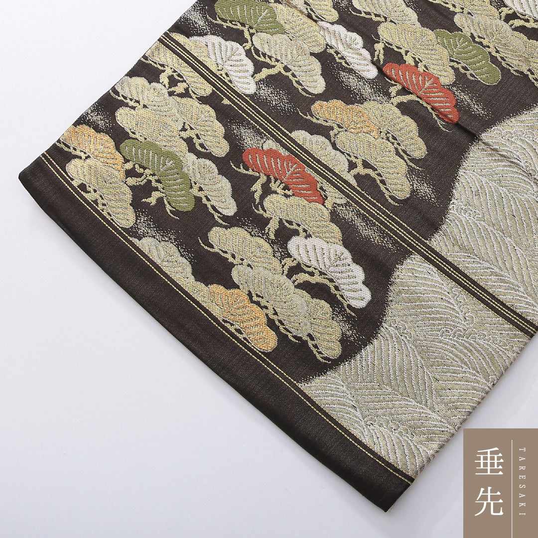 九寸名古屋帯 帯丈338cm インフォーマル 名古屋仕立て 六通 Sランク 正絹 波頭 笠松 茶系 黒系 1224-03915
