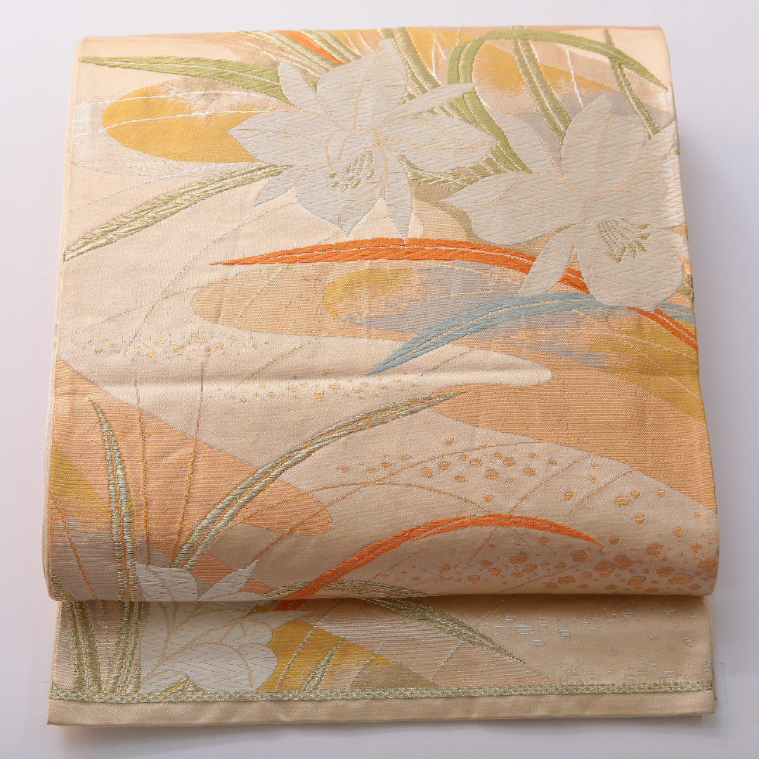 袋帯 帯丈428cm フォーマル 六通 Aランク 正絹 水仙 クリーム系 1223-01978