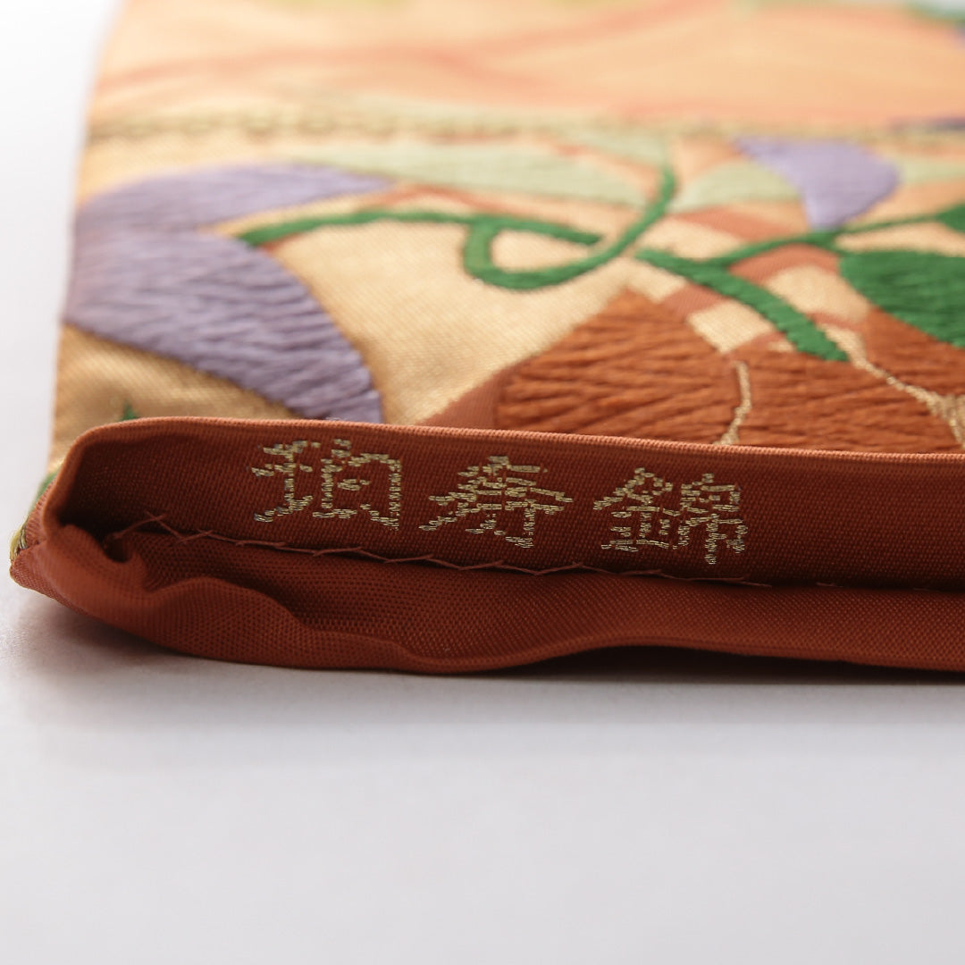 新古品 袋帯 帯丈428cm 珀寿錦 セミフォーマル 六通 Nランク 正絹 植物柄 落款 しつけ糸 青系 1223-02082