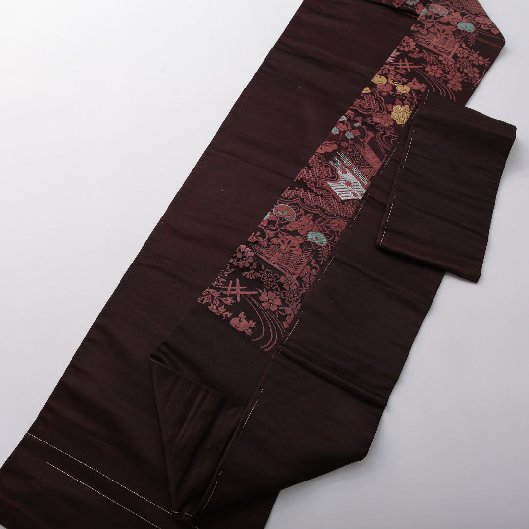 アンティーク 九寸名古屋帯 帯丈327cm セミフォーマル 名古屋仕立て 六通 Aランク 正絹 茶屋辻 松 茶系 1224-03566