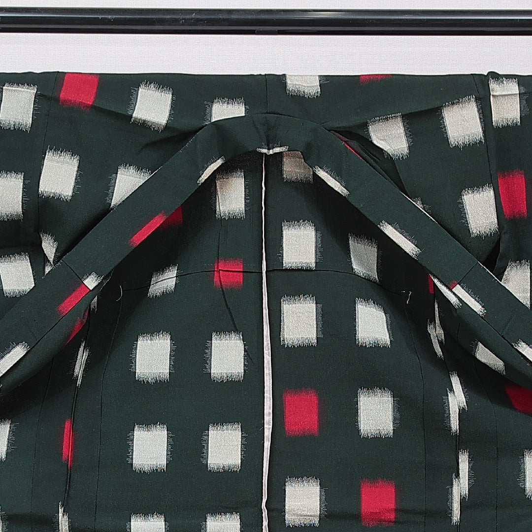 アンティーク お召 単衣 身丈149cm 裄丈61cm 正絹 Cランク XSサイズ バチ衿 肩当て 抽象柄 緑系 1265-15562