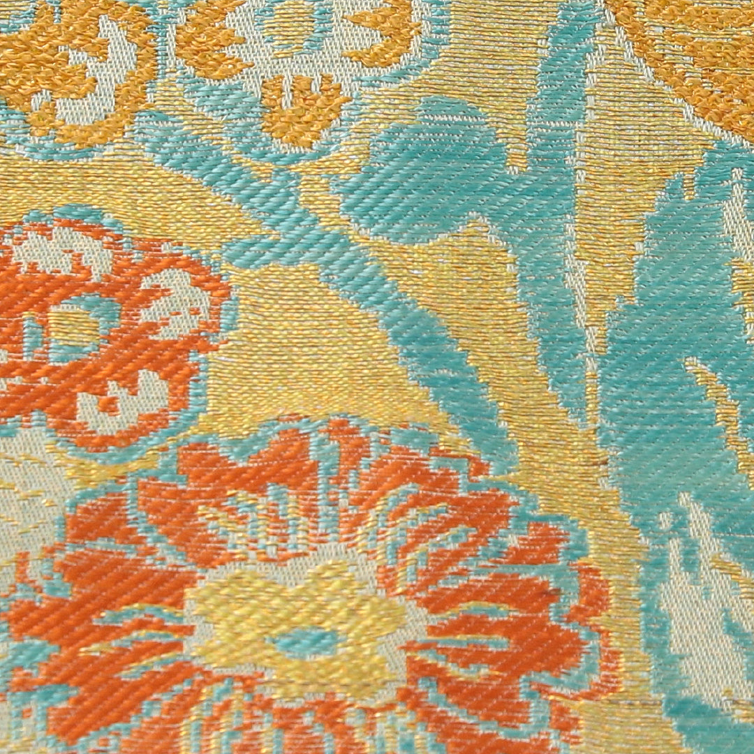 アンティーク 九寸名古屋帯 帯丈342cm 名古屋仕立て 六通 Cランク 正絹 花柄 緑系 1224-04048