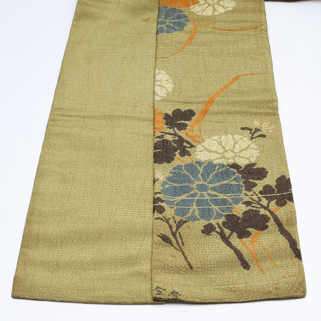 アンティーク 半幅帯 帯丈360cm カジュアル 小袋帯 六通 Bランク 正絹 菊 緑系 1225-00631