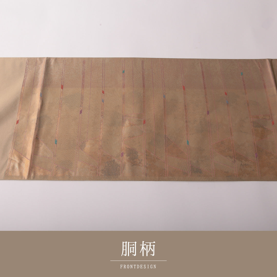 袋帯 帯丈446cm 正絹 六通 インフォーマル 幾何学柄 ベージュ系 1243-01805