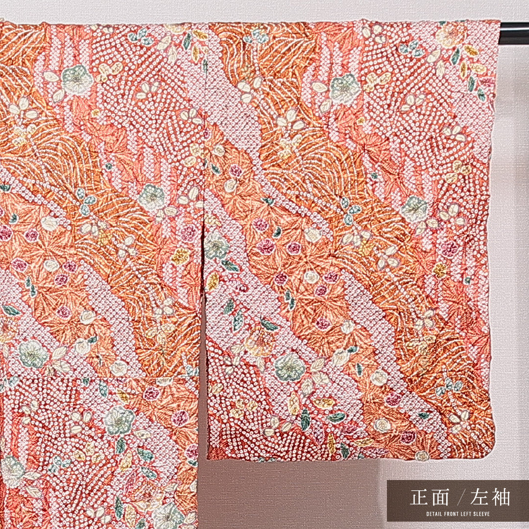 小紋 単衣 身丈156cm 裄丈64cm 正絹 Sランク インフォーマル バチ衿 Mサイズ ふくれ織 居敷当て 梅 鹿の子柄 ピンク系 RP 1221-15881