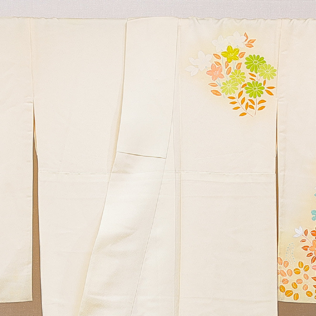 付下げ 袷 身丈166cm 裄丈66cm 正絹 Cランク XLサイズ 広衿 インフォーマル 花柄 クリーム系 1261-15655