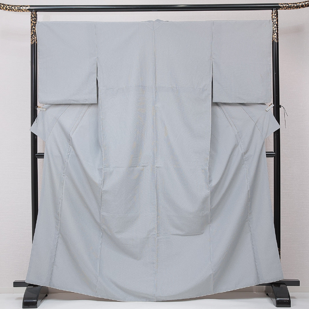 紬 洗える着物 袷 身丈168cm 裄丈67cm ポリエステル Cランク XLサイズ 広衿 カジュアル 縞 グレー系 1216-15193