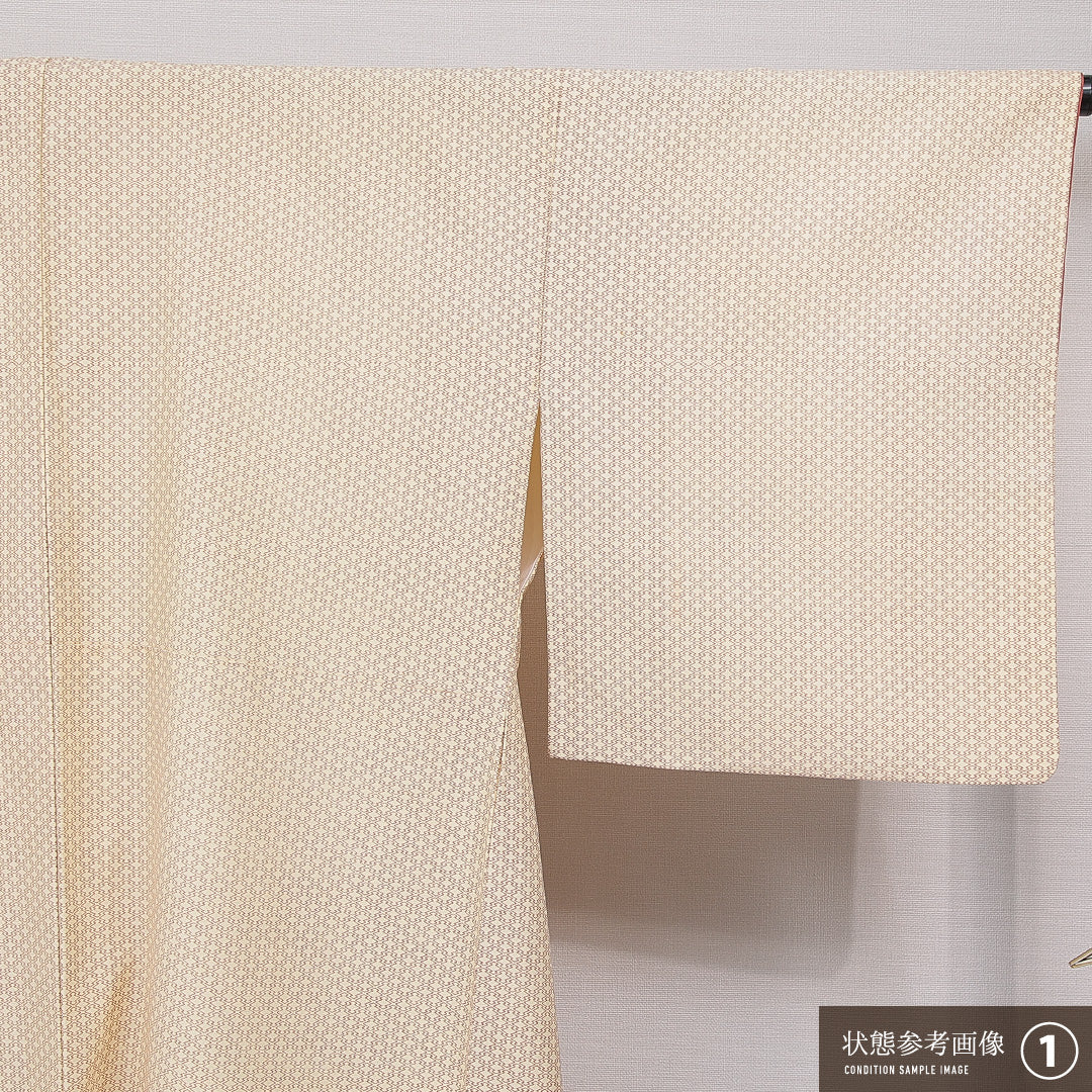 洗える着物 小紋 袷 身丈157cm 裄丈64cm ポリエステル Sランク インフォーマル 広衿 Mサイズ 松皮菱 ベージュ系 RP 1221-15823