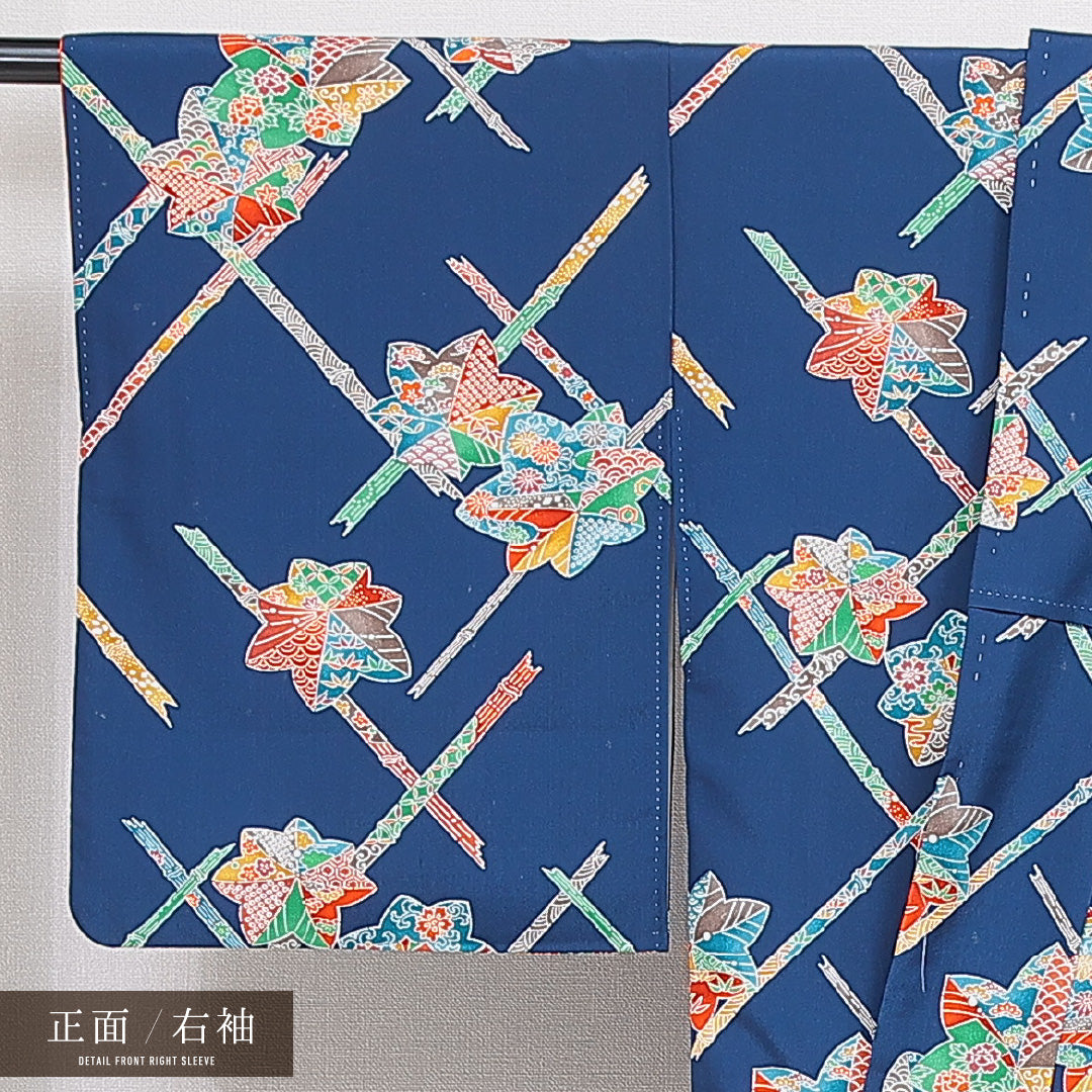 洗える着物 小紋 袷 身丈160cm 裄丈61cm ポリエステル Cランク インフォーマル 広衿 Lサイズ 古典柄 紺系 LP 1221-16442