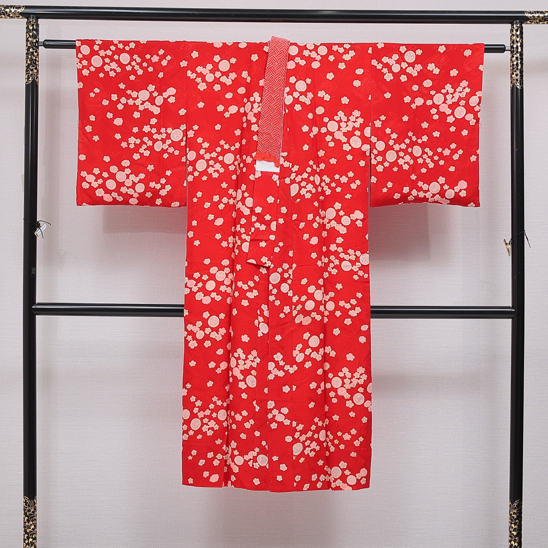 アンティーク 長襦袢 無双袖 身丈130cm 裄丈64cm 正絹 Cランク Lサイズ 桜 赤系 RP 1239-16697