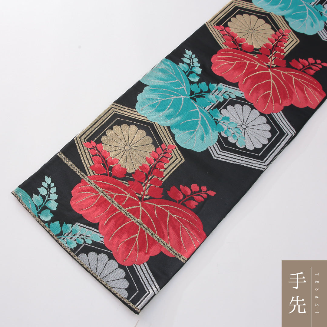袋帯 帯丈418cm 正絹 六通 帯芯なし フォーマル 桐 菊亀甲 古典柄 黒系 1243-02262