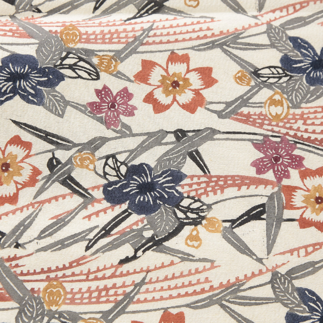 九寸名古屋帯 帯丈347cm インフォーマル 名古屋仕立て 六通 Cランク 正絹 染め帯 ちりめん 桜 クリーム系 紺系 1224-03986