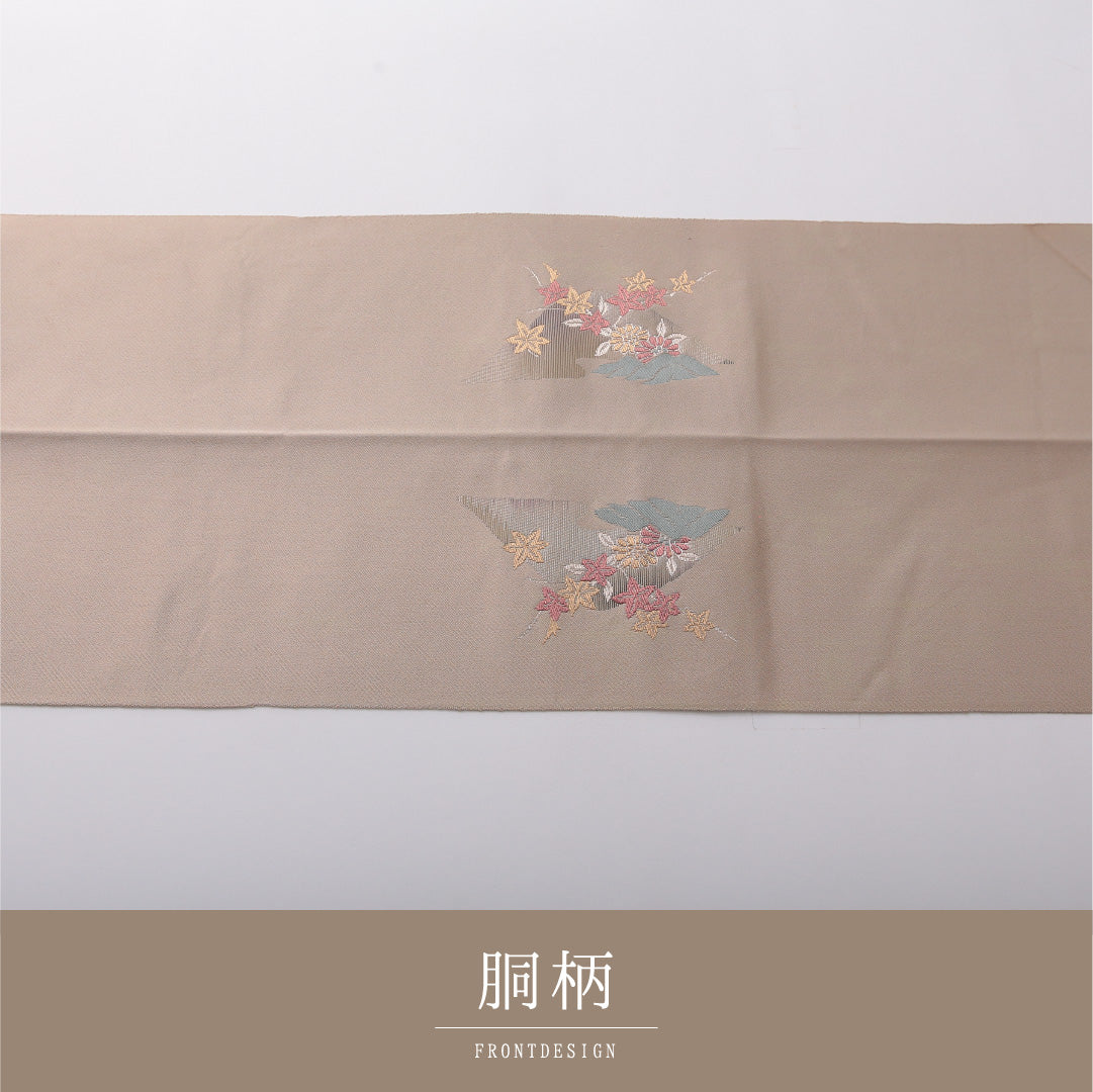八寸名古屋帯 帯丈352cm インフォーマル 松葉仕立て ポイント柄 Cランク 正絹 流水 紅葉 ベージュ系 1224-03420