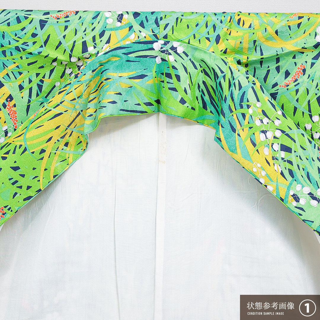 洗える着物 小紋 袷 身丈155cm 裄丈64cm ポリエステル Sランク インフォーマル 広衿 Mサイズ すずらん 緑系 RP 1221-15950