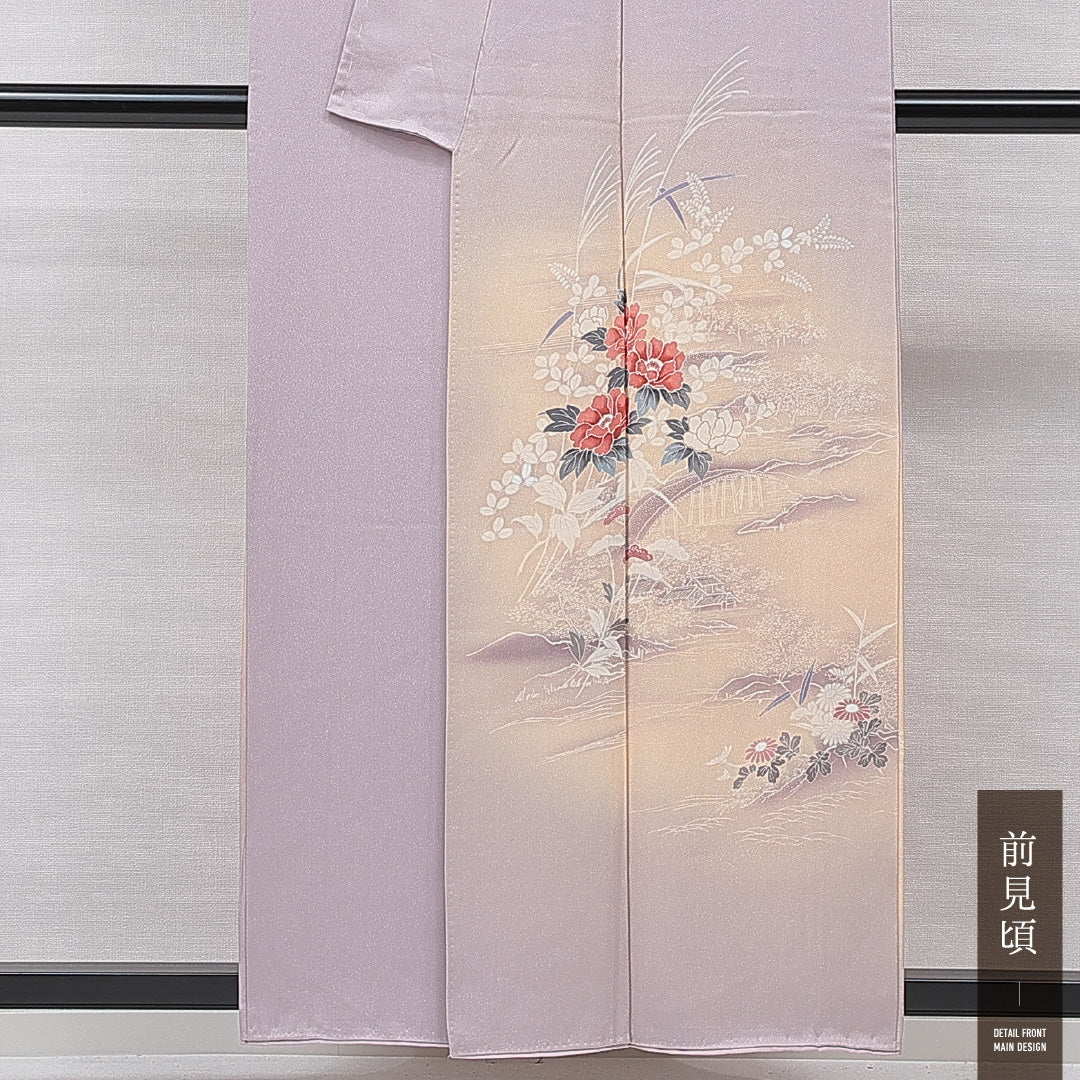 訪問着 袷 身丈155cm 裄丈63cm 正絹 Bランク セミフォーマル 広衿 Mサイズ 牡丹 可憐 優しい 紫系 RP 1217-15441