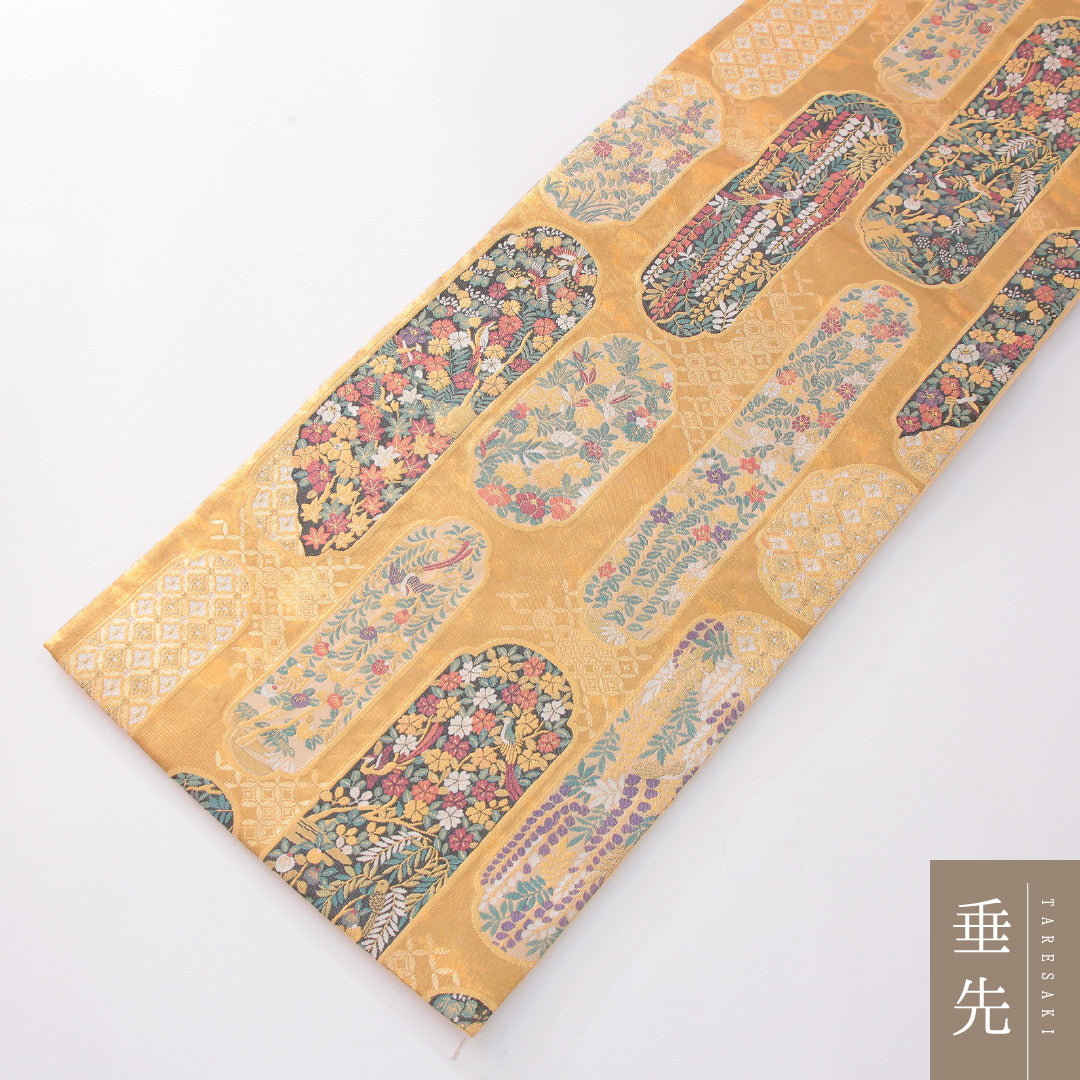 袋帯 帯丈428cm 正絹 六通 フォーマル 色紙重ね 花鳥文 金系 1243-02276