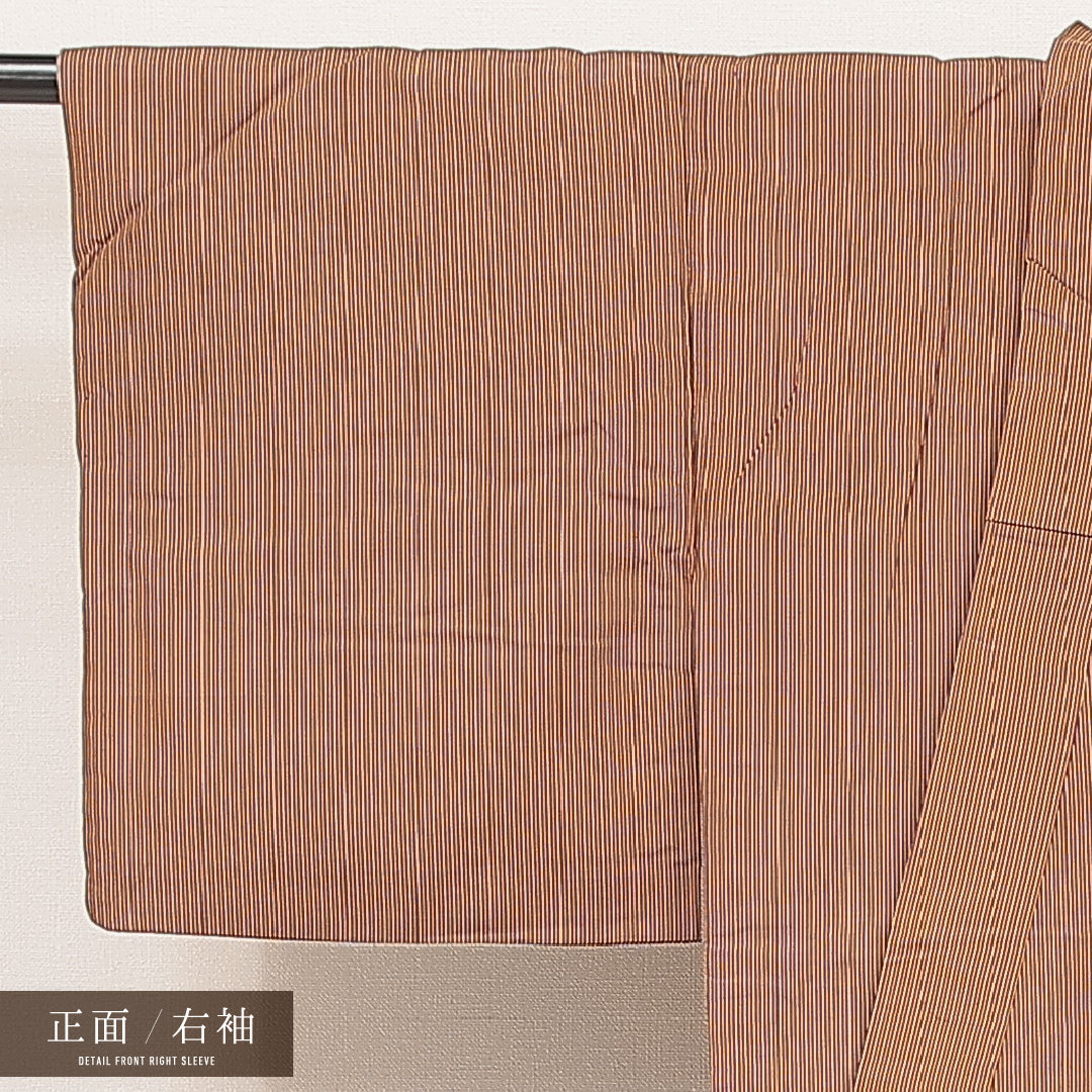 紬 袷 身丈146cm 裄丈60cm 正絹 Cランク カジュアル バチ衿 XSサイズ 縞 茶系 HP 1223-16922