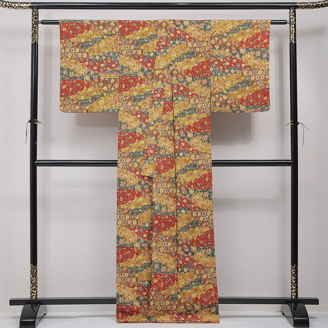 小紋 袷 身丈167cm 裄丈64cm 正絹 Sランク インフォーマル 広衿 XLサイズ 植物柄 茶系 RP 1221-15361