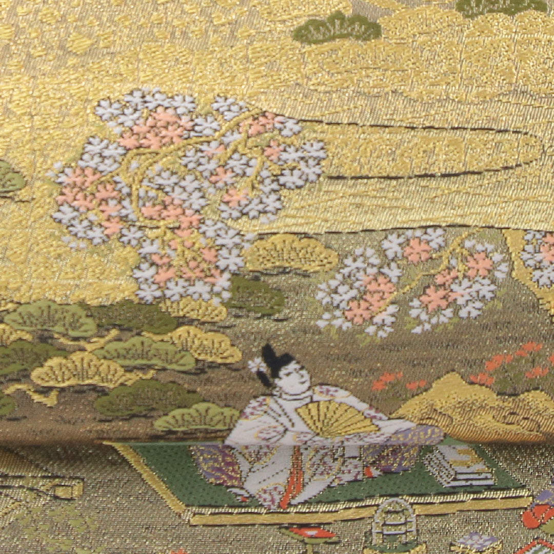 袋帯 帯丈450cm 正絹 六通 式図物語 フォーマル 平安絵巻 吉祥文様 金系 銀系 1243-02267