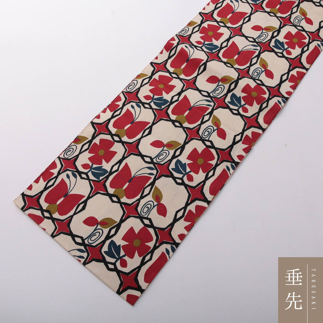 八寸名古屋帯(紬) 帯丈369cm カジュアル 名古屋仕立て 全通 Cランク 正絹 蝶 花柄 クリーム系 1224-03449
