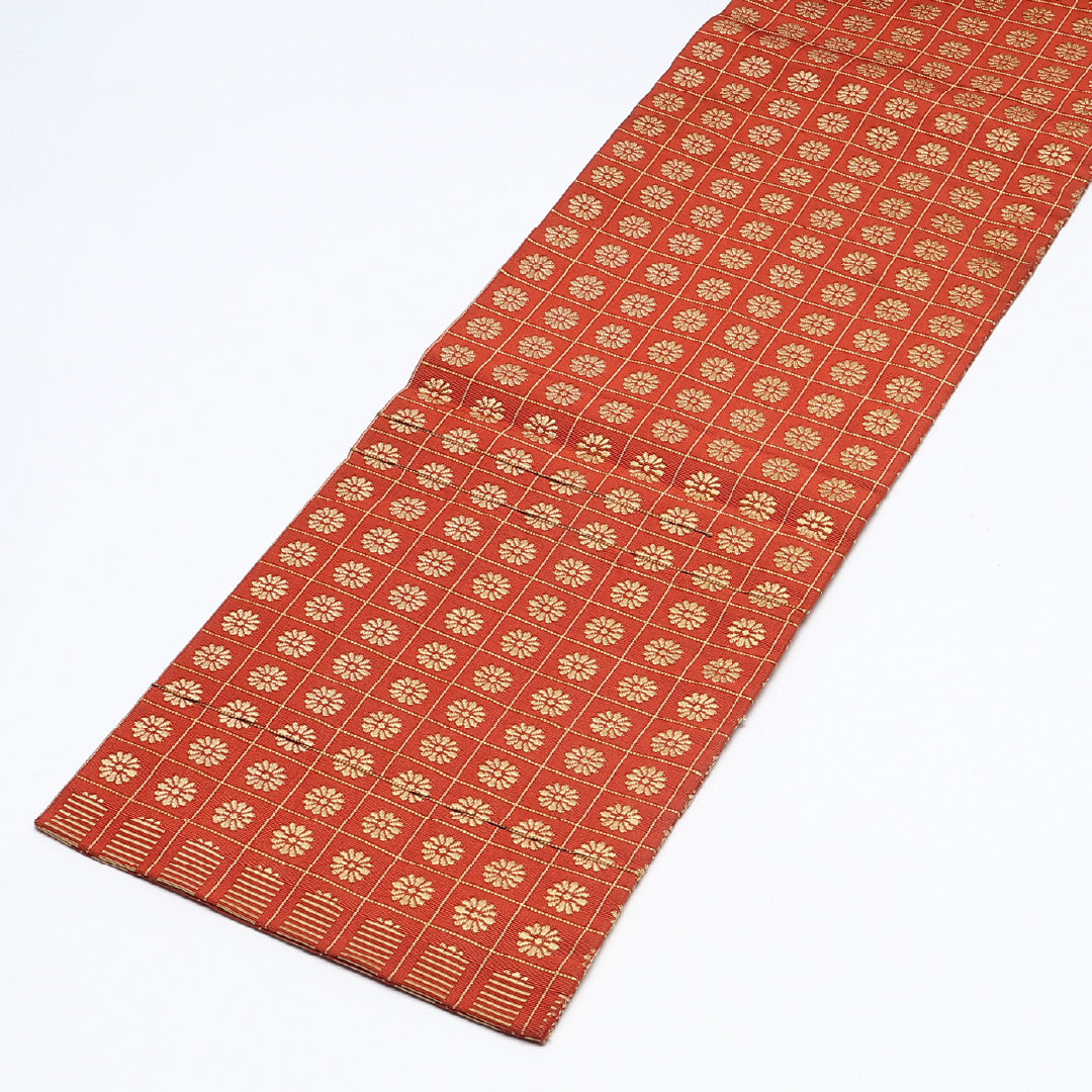 半幅帯 帯丈352cm カジュアル 小袋帯 全通 Aランク 正絹 格子 菊 朱系 1225-00642