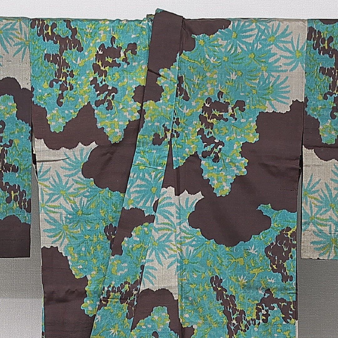 アンティーク 紬 単衣 身丈154cm 裄丈64cm 正絹 Cランク Sサイズ バチ衿 居敷当て 肩当て 創作柄 茶系 1216-15662