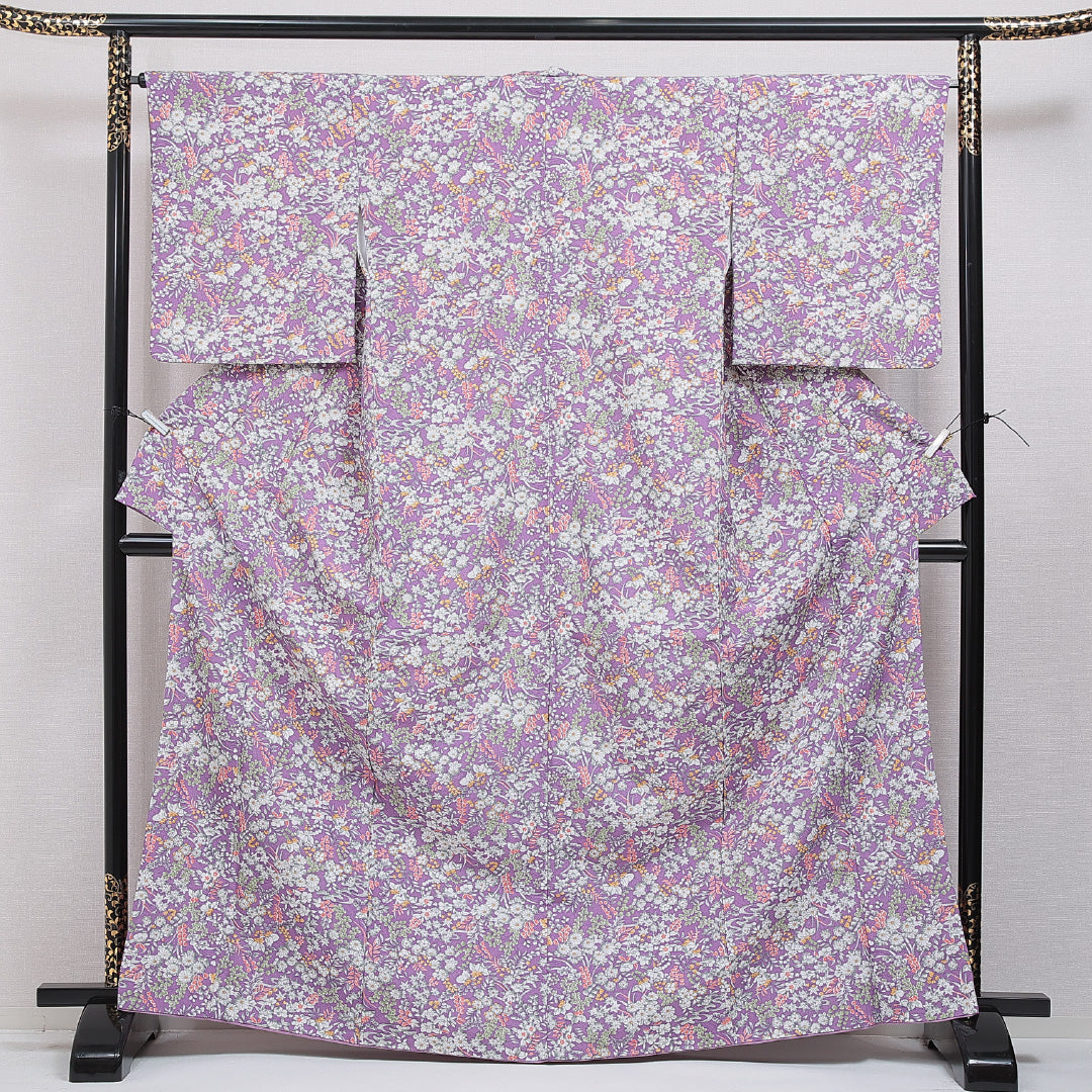 洗える着物 小紋 袷 身丈165cm 裄丈65cm ポリエステル Sランク インフォーマル 広衿 XLサイズ 菊 楓 紫系 RP 1221-16016