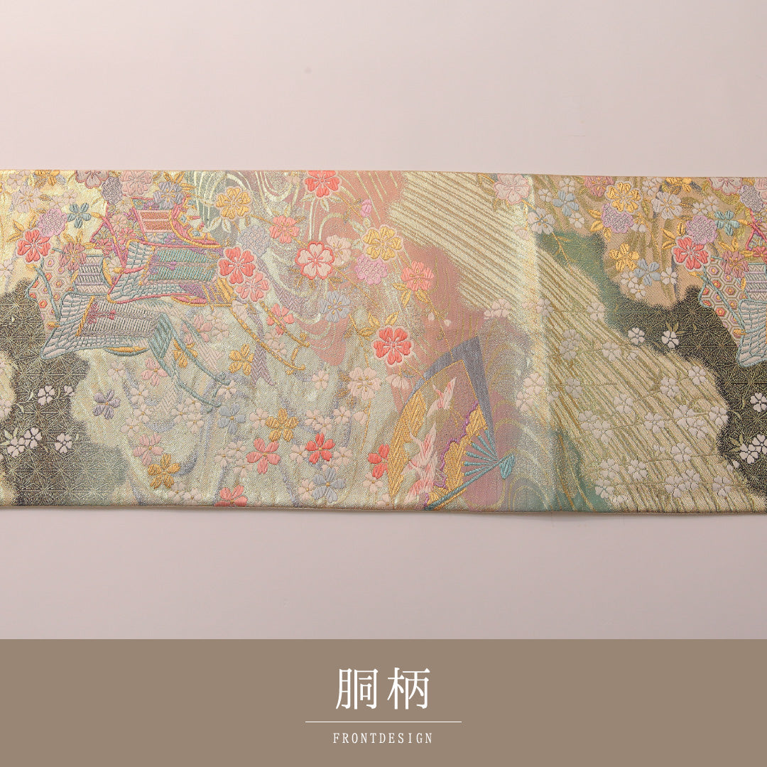 袋帯 帯丈440cm フォーマル 六通 Sランク 正絹 花車 桜 金系 多色系 1223-01891