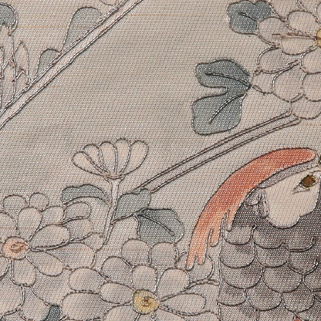 袋帯 帯丈424cm フォーマル 六通 Cランク 正絹 鳥 扇 菊 クリーム系 グレー系 1223-01885