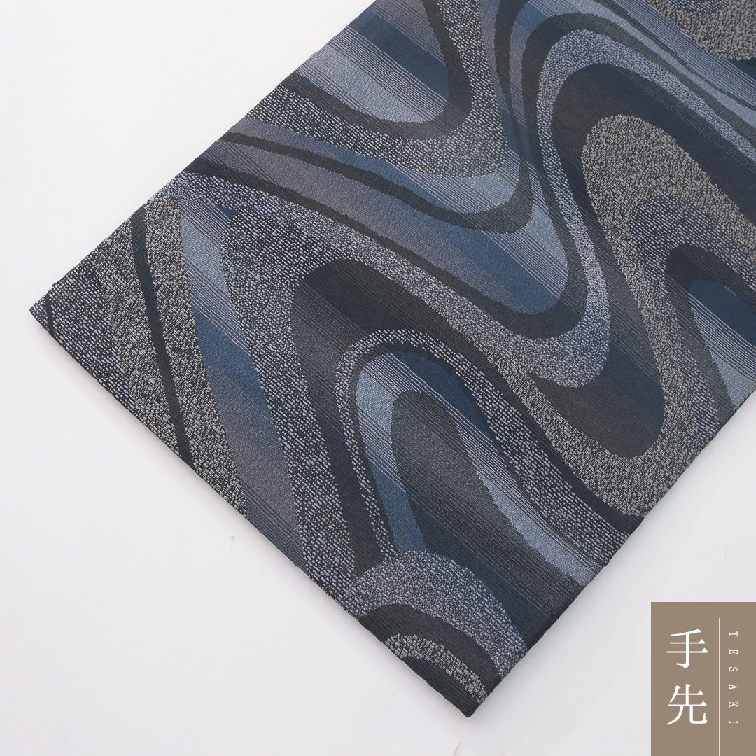 袋帯 帯丈434cm セミフォーマル 全通 帯芯なし Sランク 正絹 流水 藍染和紙織 青系 黒系 1223-02275