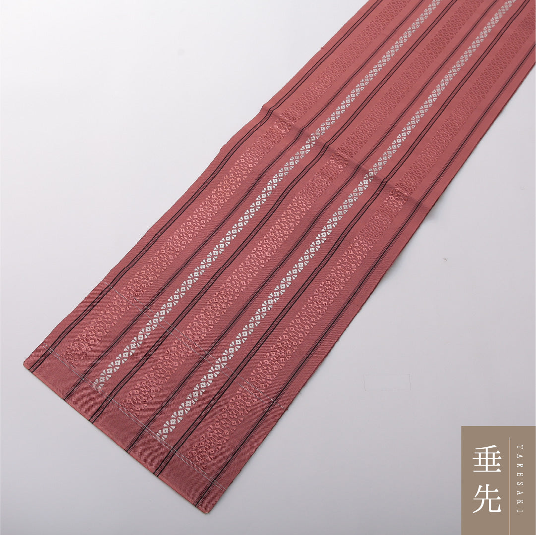 八寸名古屋帯 帯丈392cm インフォーマル 開き仕立て 全通 未仕立て Aランク 正絹 博多織 献上柄 ピンク系 1224-03409