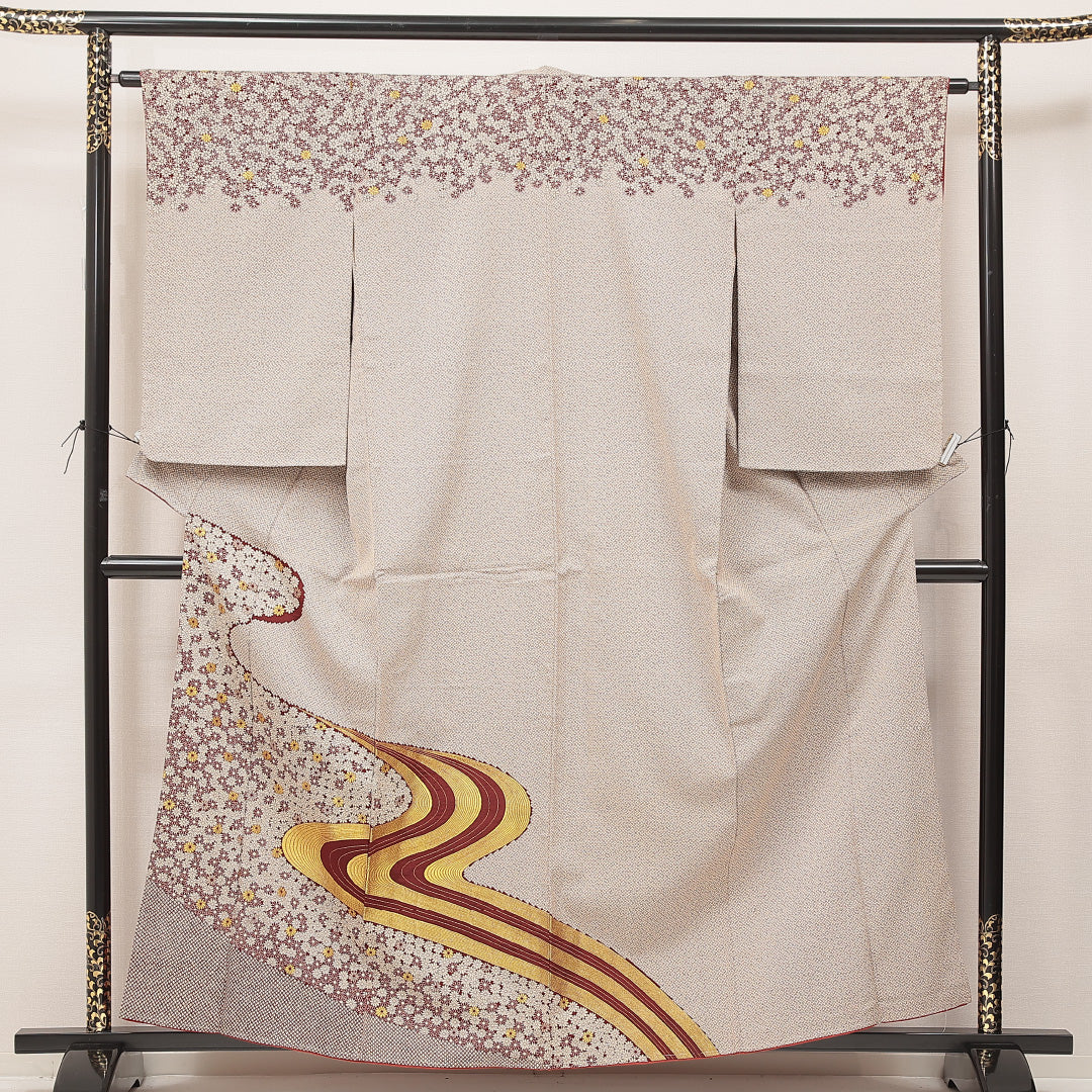 付下げ(紬) 袷 身丈159cm 裄丈63cm 正絹 Cランク Mサイズ 広衿 インフォーマル 流水 菊 茶系 1261-16925