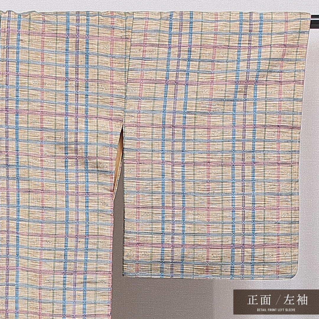 紬 袷 身丈159cm 裄丈66cm 正絹 Aランク カジュアル 広衿 Mサイズ 格子 多色系 RP 1223-16649