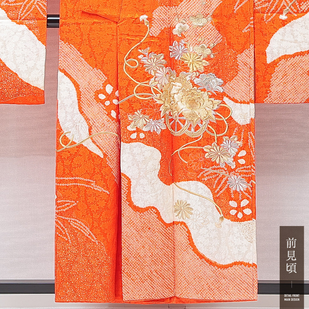 振袖 袷 身丈154cm 裄丈63cm フォーマル Cランク Sサイズ 正絹 広衿 牡丹 刺繍 金駒刺繍 1213-F0678