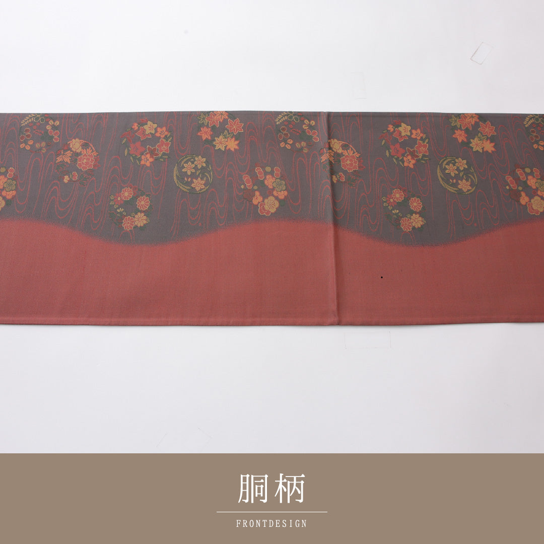 袋帯 帯丈432cm 正絹 六通 帯芯なし セミフォーマル 光琳波 丸文 グレー系 赤系 1243-02223