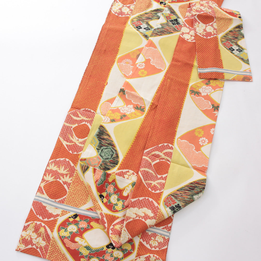 アンティーク 九寸名古屋帯 帯丈321cm 名古屋仕立て 全通 Aランク 正絹 染め帯 刺繍 花菱 橘 朱系 1224-03977