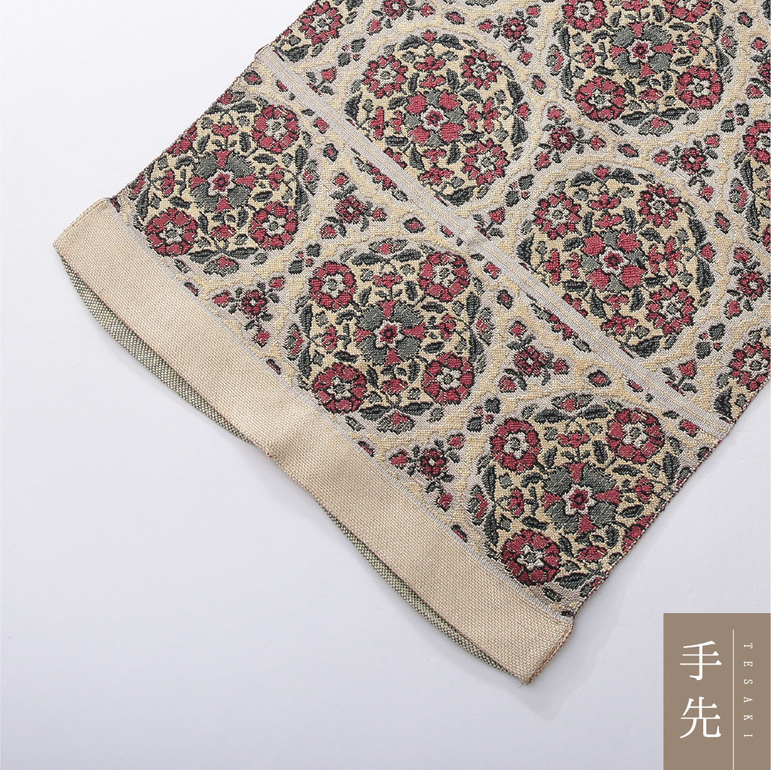 八寸名古屋帯 帯丈392cm カジュアル 開き仕立て 全通 Aランク 正絹 花文 多色系 クリーム系 1224-03916