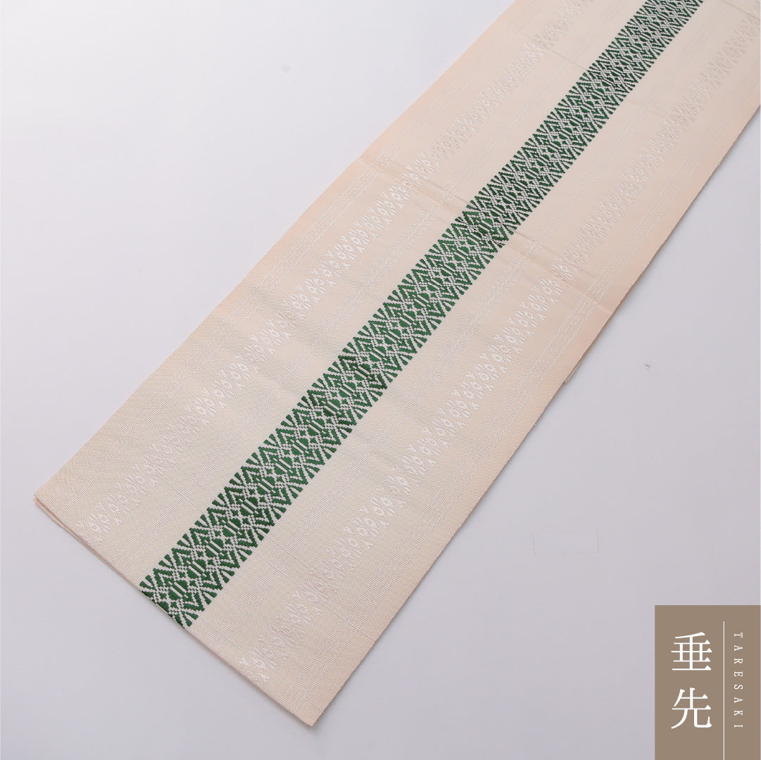 八寸名古屋帯 帯丈352cm セミフォーマル 開き仕立て 全通 Sランク 正絹 献上柄 クリーム系 緑系 1224-03294