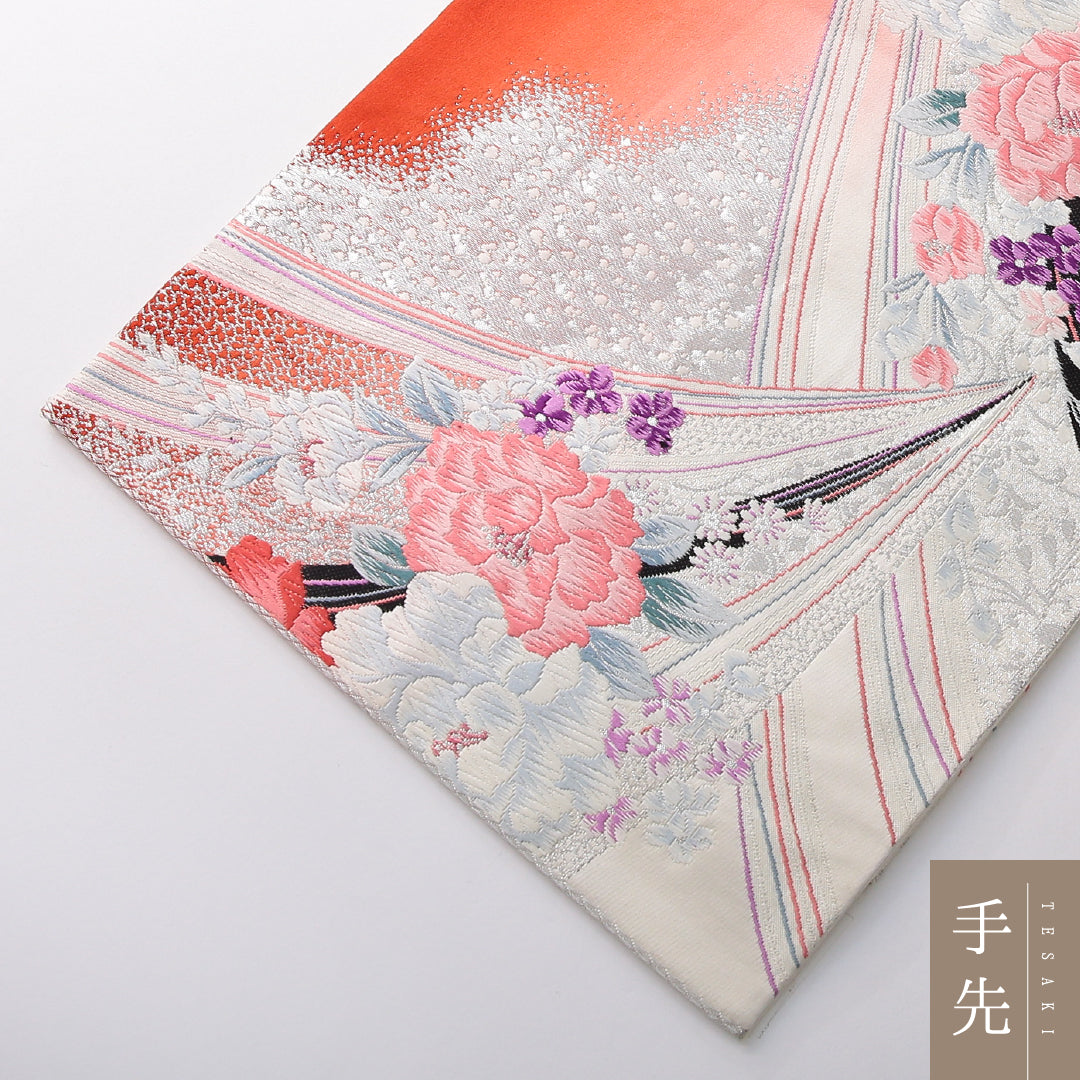 振袖用 袋帯 帯丈436cm 正絹 六通 花柄 吉祥文様 クリーム系 1243-02153