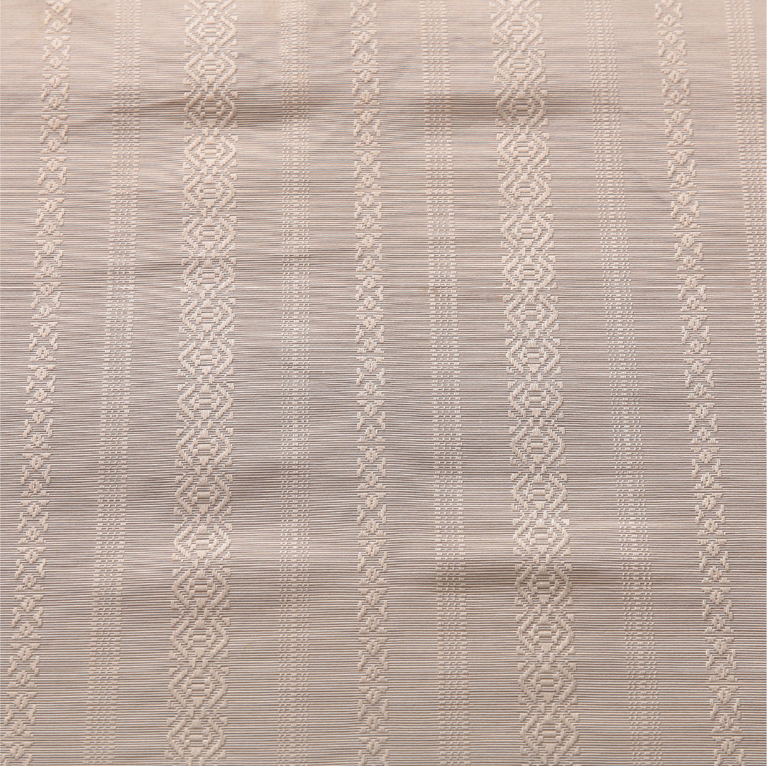 八寸名古屋帯 帯丈376cm インフォーマル 開き仕立て 全通 Bランク 正絹 本場筑前博多織 献上柄 ベージュ系 グレー系 1224-03943