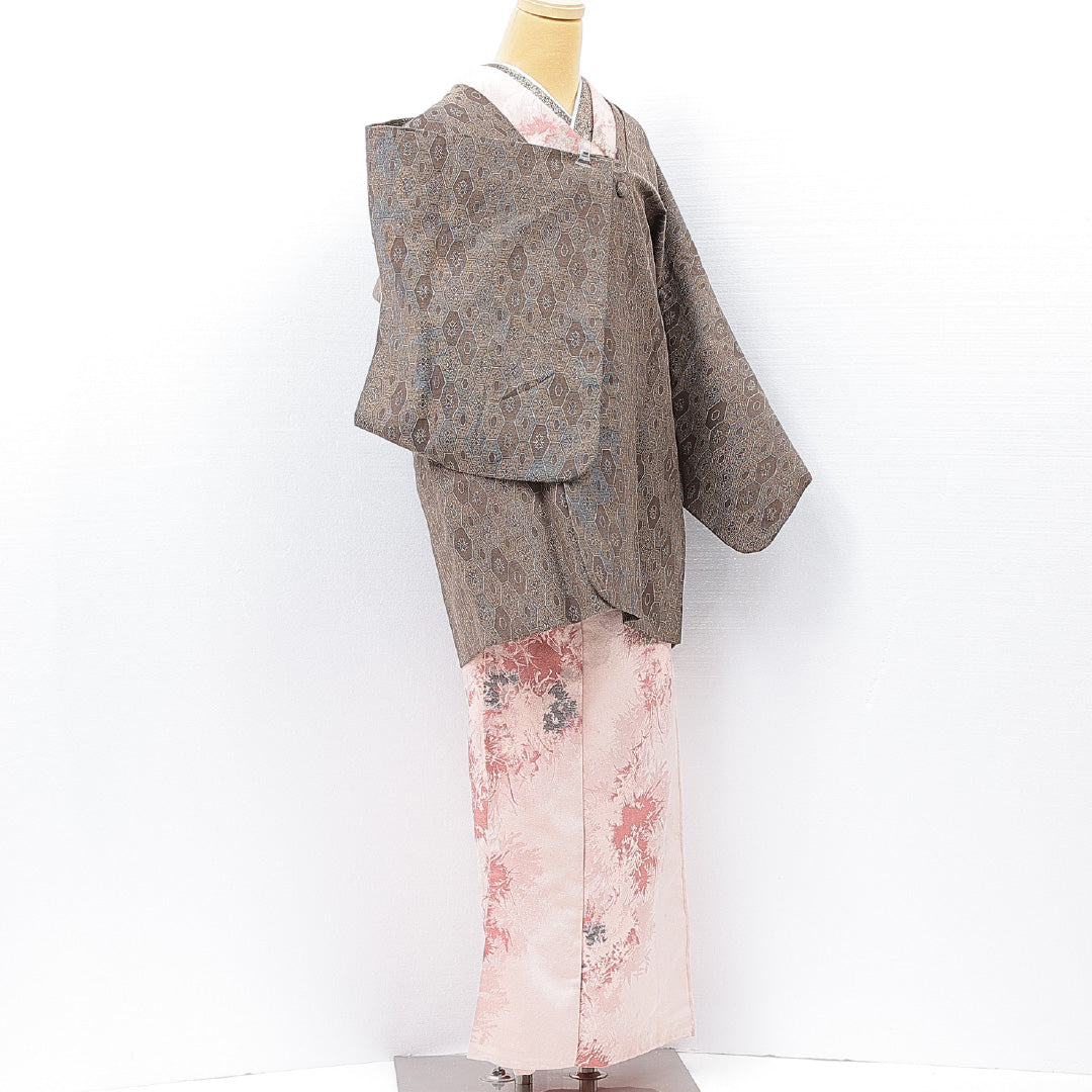 道行コート 袷 身丈83cm 裄丈62cm 正絹 Aランク カジュアル Sサイズ 亀甲 茶系 RP 1237-15160